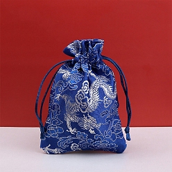 Medium Blue Dragon Print Cloth Pouches, Drawstring Bag for Jewelry Storage, Rectangle, Medium Blue, 14x10cm