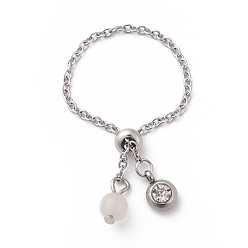 White Moonstone Einstellbare Fingerringe aus 304 Edelstahl, Schieberegler Ringe, mit natürlichen weißen Mondsteinperlen und Strass, Edelstahl Farbe, 96 mm