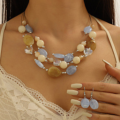 Светлый Стально-синий Комплекты из ретро-сплава, смолы, подвесных серег и многослойных ожерелий, богемный стиль, светло-стальной синий, Серьги: 39x16 mm