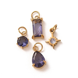 Indigo 4Pcs 4 Styles 304 Stainless Steel & Glass Pendants, Star & Flat Round & Teardrop & Rectangle, with Jump Ring, Faceted, Ion Plating(IP), Long-Lasting Plated, Indigo, 10~14x6.5~8x3~5mm, Hole: 3mm