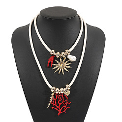 Золотой Подвеска из сплава и пластика в форме коралла с жемчужинами солнечного красного цвета, двухслойное ожерелье из искусственной кожи, золотые, 16.73~23.43 дюйм (42.5~59.5 см), 2 шт / комплект