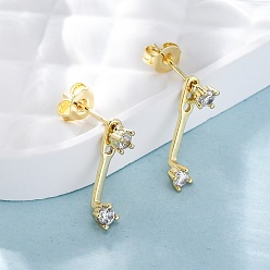 Настоящее золото 18K Латунь, серьги-гвоздики с микропаве из прозрачных кубических цирконий, ромб, реальный 18 k позолоченный, 14.5x3.5 мм