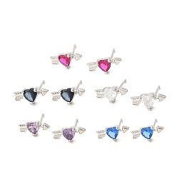 Mixed Color Heart with Arrow Platinum Brass Stud Earrings, with Clear Cubic Zirconia, Long-Lasting Plated, Lead Free & Cadmium Free, Mixed Color, 6x13mm