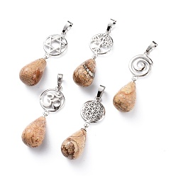 Пейзажный Джаспер Чакра ювелирные изделия йога, естественного изображения яшмы подвески, латунная фурнитура с платиновым покрытием, слеза и голос / символ ом / древо жизни / цветок жизни / звезда давида, 42~45 мм, отверстие : 8x5 мм