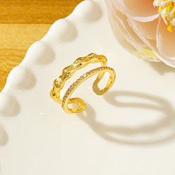 Others Brass Micro Pave Cubic Zirconia Cuff Open Rings for Women, Golden, Wave, 15~20mm
