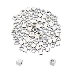 Couleur Acier Inoxydable 304 billes d'acier inoxydable, cube, couleur inox, 3x3x3mm, Trou: 1.6mm, 100 pcs / boîte