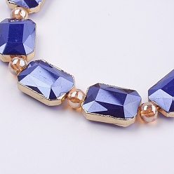 Royal Blue Opaque Glass Beads Strands, with Brass Findings, Pearl Luster Plated, Faceted, Rectangle, Golden, Royal Blue, 13x18x7mm, Hole: 1mm, about 10pcs/strand, 9 inch (23cm)