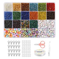 Gemischte Farbe DIY-Schmuck machen Kits, einschließlich 16 Farben rund silbern ausgekleidet rundes Loch Glas Rocailles, 4 flache runde Acrylperlen stylen, Zink-Legierung Spangen, Eisen Spaltring Biegering Bindering, Elastische Kordel Kristallschnur Kristall Faden, Pinzette und Schere, Gemischte Farbe, Perlen: 3 mm, Bohrung: 1 mm, 6~7x3~4 mm, Bohrung: 1.5~2 mm, 4480 Stück / Karton