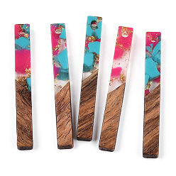 Темно-Розовый Подвески из прозрачной смолы и ореха, золотой фольгой, прямоугольник амулеты, темно-розовыми, 40x5x4 мм, отверстие : 2 мм