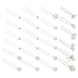 White Iron Hair Forks, with Copper Wire Wounding ABS Beads, White, 1set/style