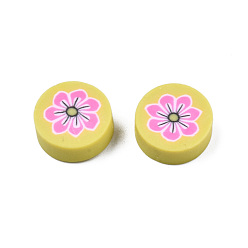 Yellow Handmade Polymer Clay Beads, Flat Round with Flower, Yellow, 9~10x4~4.5mm, Hole: 1.2~1.8mm