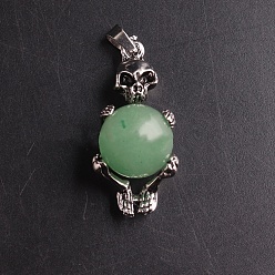 Green Aventurine Natural Green Aventurine Sphere Ball Pendants, Halloween Skeleton Metal Charms, Platinum, 16mm