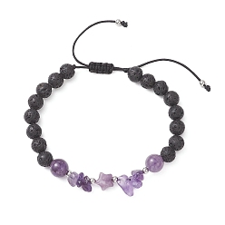 Аметист Женские плетеные браслеты из бусин из натурального аметиста и лавового камня, круглый и звездный, внутренний диаметр: 2-3/8~3-3/8 дюйм (5.9~8.5 см)
