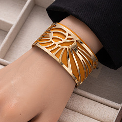 Оранжевый Солнце 304 браслеты-манжеты из нержавеющей стали и искусственной кожи, широкие браслеты для женщин, золотые, оранжевые, внутренний диаметр: 2-3/8 дюйм (6 см)