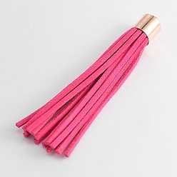 Deep Pink Faux Suede Tassel Pendant Decorations, with Light Gold Plated CCB Plastic Cord Ends, Deep Pink, 83x10mm, Hole: 2mm