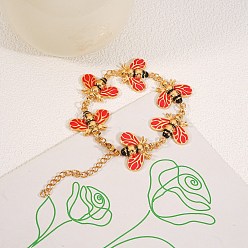 Золотой 304 Браслеты-цепочки из нержавеющей стали с эмалированным покрытием для женщин, пчела, красные, золотые, 6.30 дюйм (16 см)