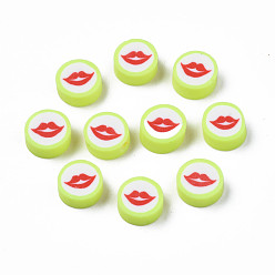 Green Yellow Handmade Polymer Clay Beads, Flat Round with Mouth, Green Yellow, 9.5~10x4~4.5mm, Hole: 1.6mm