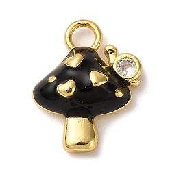 Черный Кулоны с эмалью из латуни с прозрачным кубическим цирконием, грибные прелести, стойки покрытие, долговечный, без кадмия и без свинца, реальный 18 k позолоченный, чёрные, 17x13.5x5 мм, отверстие : 2.5 мм
