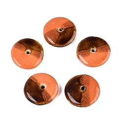 Coral Handmade Vintage Porcelain Beads, Fancy Antique Glazed Porcelain, Disc, Coral, 21~22x4.5~7mm, Hole: 1.8~2mm