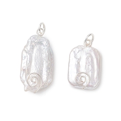 Серебро Натуральные кеши жемчужные подвески, прямоугольные подвески с обмоткой из экологически чистой медной проволоки, белые, серебряные, 19~25x12.5~13x4.5~5.5 мм, Перейти кольцо: 4.6x0.8 мм, Внутренний диаметр: 3.5 мм.