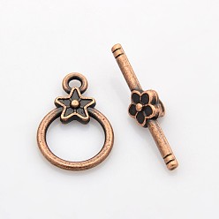 Red Copper Tibetan Style Alloy Toggle Clasps, Cadmium Free & Nickel Free & Lead Free, Ring, Red Copper, Ring: 20.5x14mm, Hole: 2mm, Bar: 26.5mm, Hole: 2mm