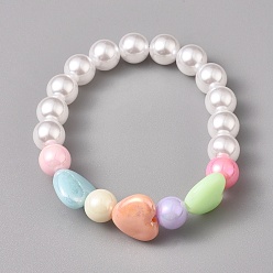 Mixed Color Kids Acrylic Beaded Stretch Bracelets, with Eco-Friendly Plastic Imitation Pearl and Acrylic Beads, Heart & Round, Mixed Color, 1-5/8 inch(4.3cm)