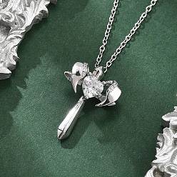Прозрачный Латунные кубические цирконии ожерелья с подвеской в виде крылатого креста для женщин, прозрачные, 15.83 дюйм (40.2 см)