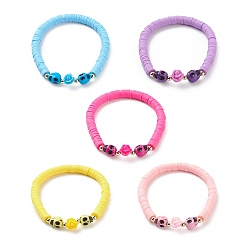 (52) Непрозрачная лаванда Эластичный браслет с розой из смолы и пластиковым черепом, браслет из полимерной глины Heishi Preppy для женщин, разноцветные, внутренний диаметр: 2-1/8 дюйм (5.4 см)