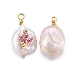Серо-розавый Подвески из натурального пресноводного жемчуга, с латунной кубической фурнитурой, самородки с листа, золотые, увядшая роза, 17~26x11~16x5~11 мм, отверстие : 1.6~2 мм
