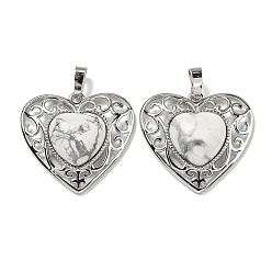 Howlite Natural Howlite Peach Love Heart Pendants, Rack Plating Brass Hollow Heart Charms, Cadmium Free & Lead Free, 29.5x30.5x7.5mm, Hole: 7.5x5mm