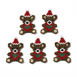 Camel MIYUKI & TOHO Japanese Seed Beads, Handmade Pendants, Loom Pattern, Bear with Christmas Hat, Camel, 37x21x2mm, Hole: 1.5mm