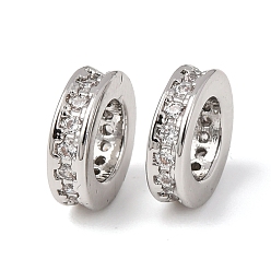 Платина Латунь микропаве прозрачный кубический цирконий европейский бисер, бусины с большим отверстием, плоско-круглые, стойки покрытие, долговечный, платина, 8x2 мм, отверстие : 5 мм