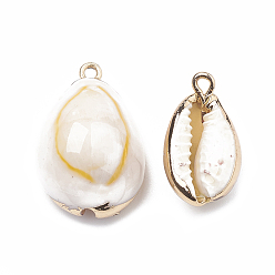 Seashell Color Cowrie Shell Pendants, with Golden Tone Brass Findings, Cowrie Shell, Seashell Color, 23~30x13~19x10~13mm, Hole: 1.5mm