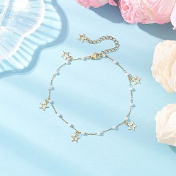 Звезда Женские браслеты на ногу с круглыми бусинами из искусственного жемчуга и цепочкой из нержавеющей стали с кисточками, белые, золотые, звезда, 304 дюйм (9-3/8 мм)