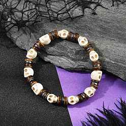 Белый Браслеты из натуральных кокосовых и синтетических бирюзовых бусин и немагнитного синтетического гематита для мужчин, череп, белые, 1/4~3/8 дюйм (0.8~1 см), внутренний диаметр: 2-1/4 дюйм (5.55 см)