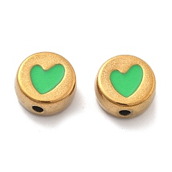 Средний Весенно-Зеленый Ионное покрытие (ip) 304 шарики из нержавеющей стали, с эмалью, реальный 18 k позолоченный, плоско-круглые с сердцем, средний весенний зеленый, 10x4.5 мм, отверстие : 1.6 мм