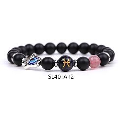 Рыбы Браслеты из натурального окрашенного и нагретого черного агата и земляничного кварца, Браслет созвездие и хамса на руку со сглазом для женщин и мужчин, Рыбы, внутренний диаметр: 2-3/8 дюйм (6 см)