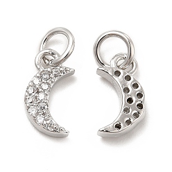 Platinum Brass Micro Pave Cubic Zirconia Charms, with Jump Ring, Moon Charm, Platinum, 11x5.8x2.3mm, Hole: 2.5mm