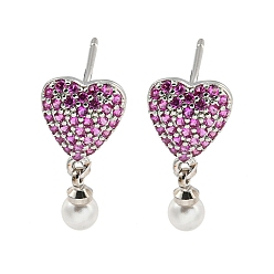 Platinum Rack Plating Brass Micro Pave Cubic Zirconia Stud Earring, Cadmium Free & Lead Free, Long-Lasting Plated, with ABS Imitation Pearl, Hot Pink, Platinum, 12x9mm