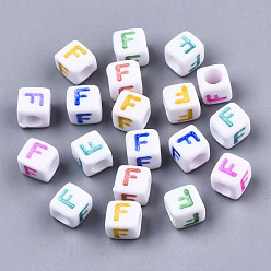 Letter F Непрозрачные белые акриловые бусины, с эмалью, горизонтальное отверстие, куб с разноцветными буквами, буква f, 6x6x6 мм, отверстие : 3 мм, Около 2900 шт / 500 г