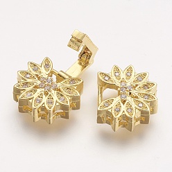 Золотой Латунные микро проложить кубического циркония раз за застежками, цветок, золотые, 28x13x5 мм, отверстие : 1 мм