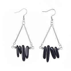 Pierre Noire Synthétique pierre noire boucles d'oreilles dangle, avec crochets d'oreilles en acier inoxydable, triangle, 73~78mm, pin: 0.7 mm