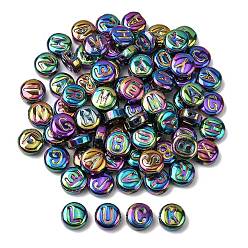 (52) Непрозрачная лаванда Гальванизируйте прозрачные стеклянные бусины, плоские круглые с буквы, разноцветные, 10x4.5 мм, отверстие : 1 мм