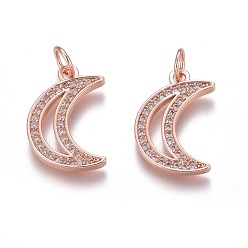 Roségold Messing micro pave klare zirkonia anhänger, langlebig überzogen, mit Ringe springen, Mond, Roségold, 17x11.5x1.5 mm, Bohrung: 3 mm, Sprungring: 5x1 mm