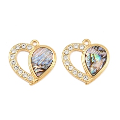 Freshwater Shell 304 Stainless Steel & Natural Freshwater Shell Pendants, Heart Charms, with Rhinestone, Real 18K Gold Plated, Ion Plating(IP), Long-Lasting Plated, 20.5x20.5x2mm, Hole: 1.8mm