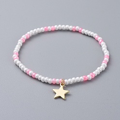Pink Glass Seed Beaded Kids Stretch Bracelets, with Star Brass Charms, Pink, 2 inch(5cm)