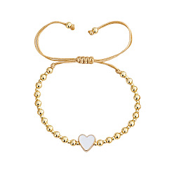 Белый Браслеты из плетеных бусин из латунных смоляных бусин, регулируемые плетеные браслеты из нейлонового шнура для женщин, сердце и круглый, белые, 11.02 дюйм (28 см)