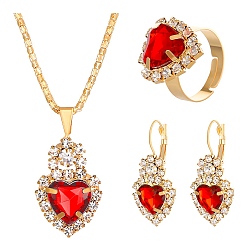 Красный Комплект украшений со стразами в форме сердца, серьги с защелкой из золотого сплава, колье с подвеской и регулируемое кольцо, красные, внутренний диаметр: 18 мм, 530 мм, 32x15 мм