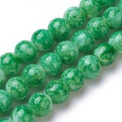 Green Spray Painted Glass Beads Strands, Round, Green, 8~8.5mm, Hole: 1mm, about 48pcs/strand, 14.7 inch(37.5cm)