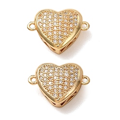 Real 18K Gold Plated Brass Micro Pave Cubic Zirconia Connector Charms, Heart Links, Rack Plating, Long-Lasting Plated, Cadmium Free & Lead Free, Real 18K Gold Plated, 12x17x6mm, Hole: 1mm